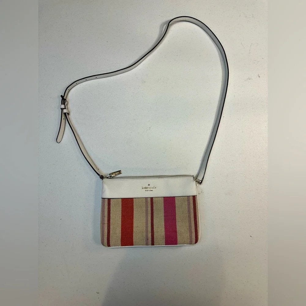 Kate Spade New York Striped Canvas White Leather Crossbody Bag Gold Hardware